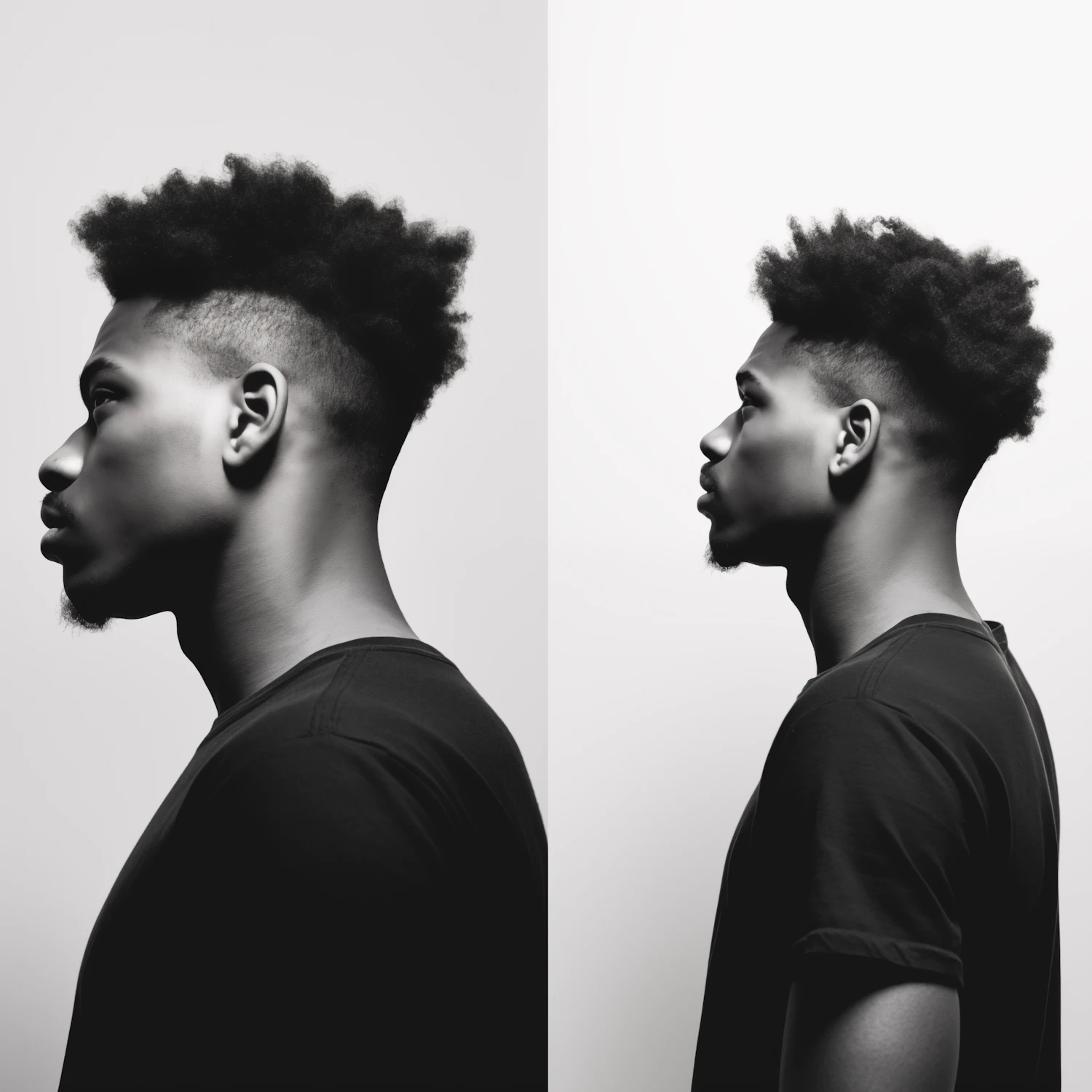 Side profile of a young man with a crisp high-top fade blended down to the skin