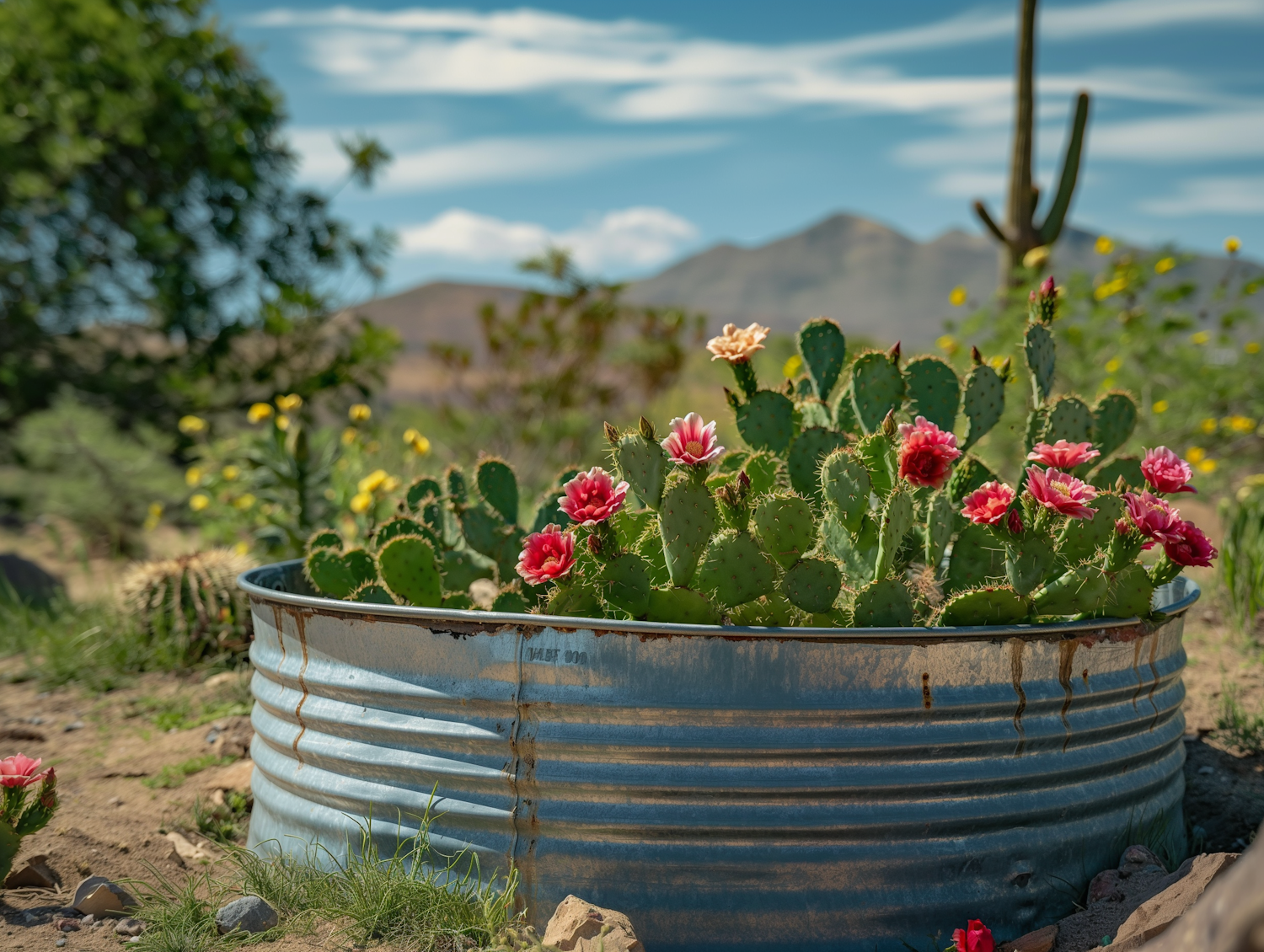 Rustic Metal Container with Cacti