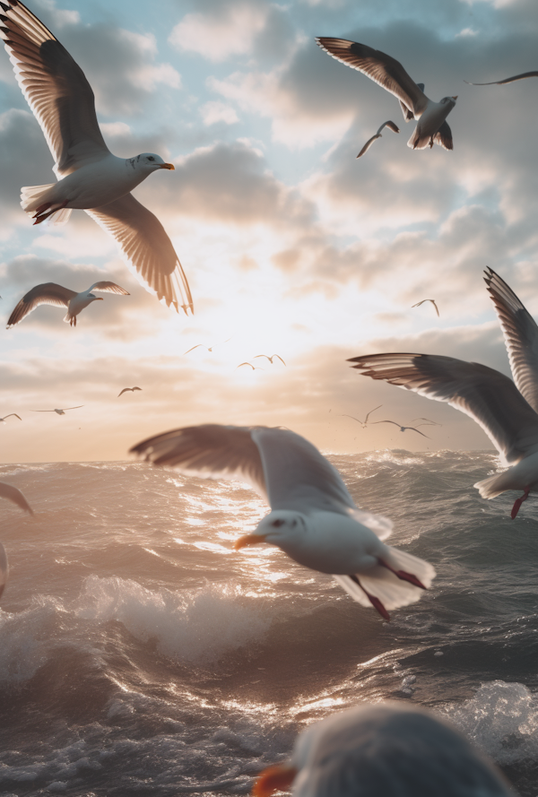 Seagulls at Sunrise over the Turbulent Sea