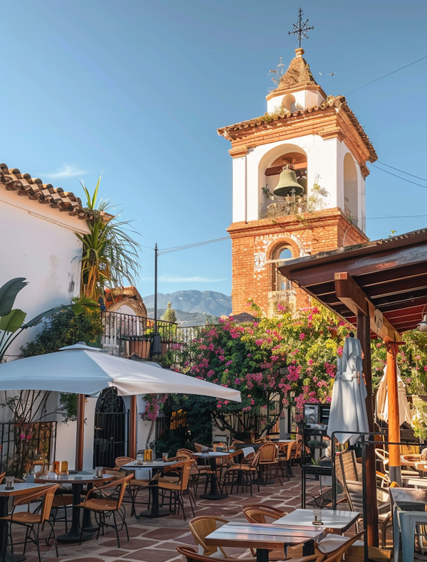 Charming Outdoor Café with Historic Bell Tower