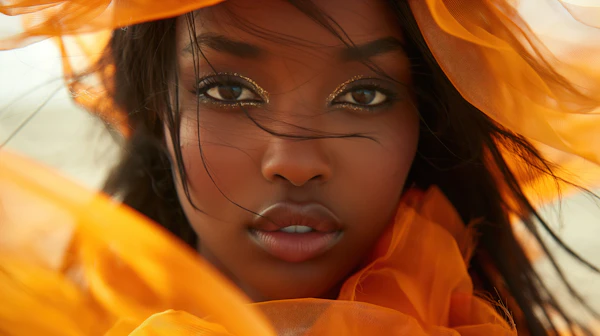Serene Woman with Golden Eyeliner and Orange Veil