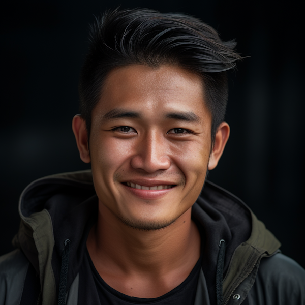 Smiling Asian Man with Stylish Hair and Casual Hoodie