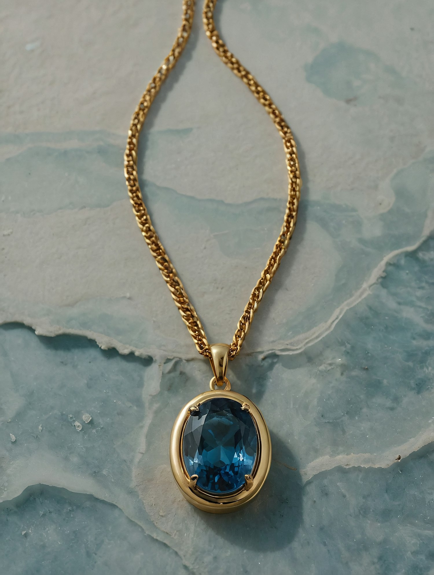 Gold Chain Necklace with Blue Gemstone Pendant