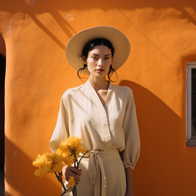 Serene Elegance against an Orange Backdrop