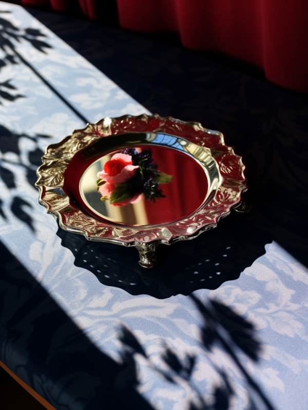 Illuminated Elegance: Silver Tray with Rose Reflection