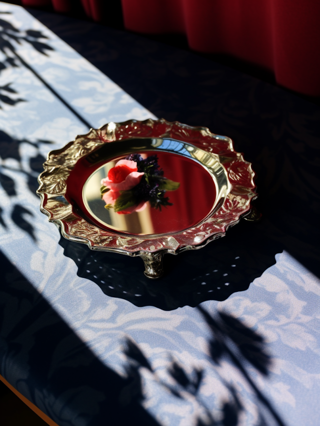 Illuminated Elegance: Silver Tray with Rose Reflection