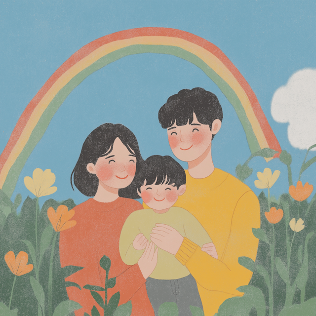 Cheerful Family with Rainbow