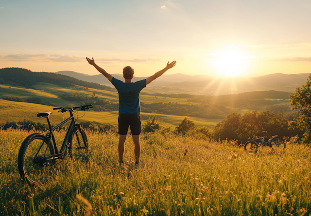 Triumphant Cyclist Overlooking Countryside at Sunset