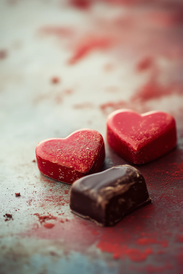 Heart-Shaped Chocolates on Cocoa-Dusted Surface
