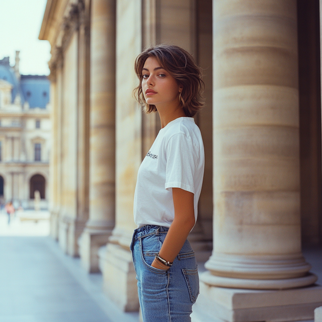 Young Woman in Historical Hallway