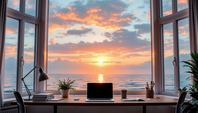 Serene Workspace with Ocean Sunset