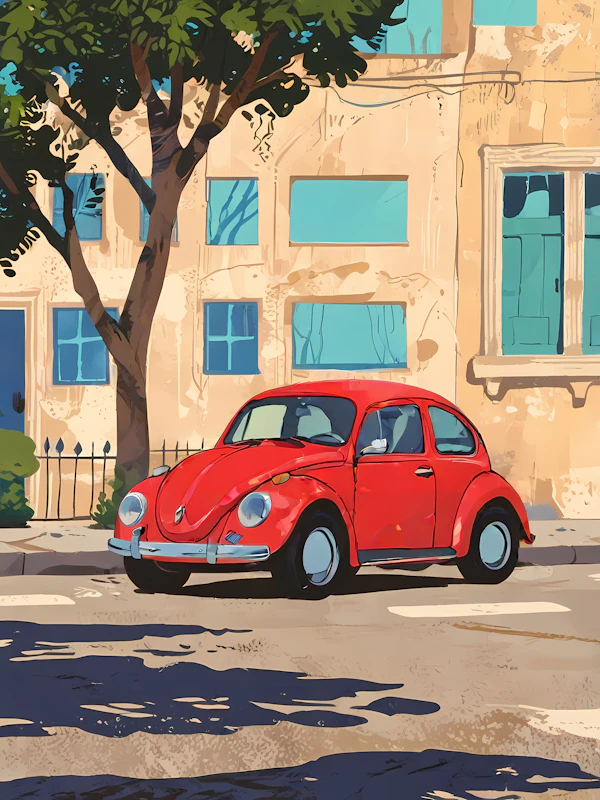 Classic Red Volkswagen Beetle on Sunlit Street