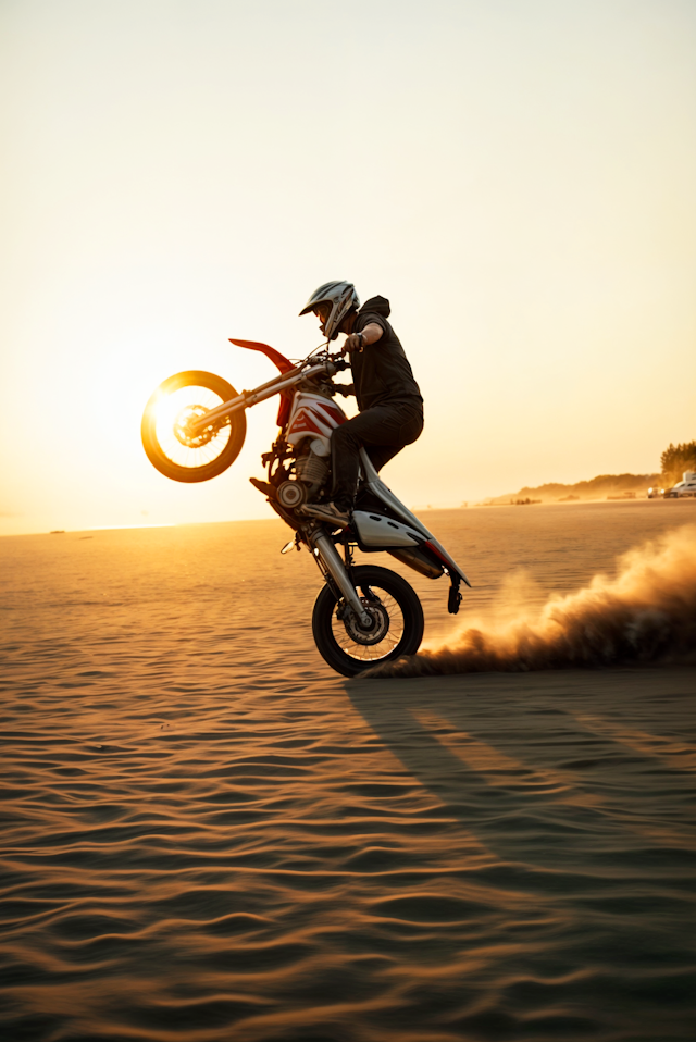 Motorcyclist Wheelie at Sunset