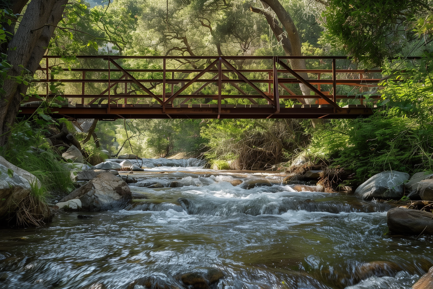 Tranquil Riverside Landscape with Metal Bridge