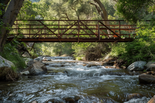 Tranquil Riverside Landscape with Metal Bridge