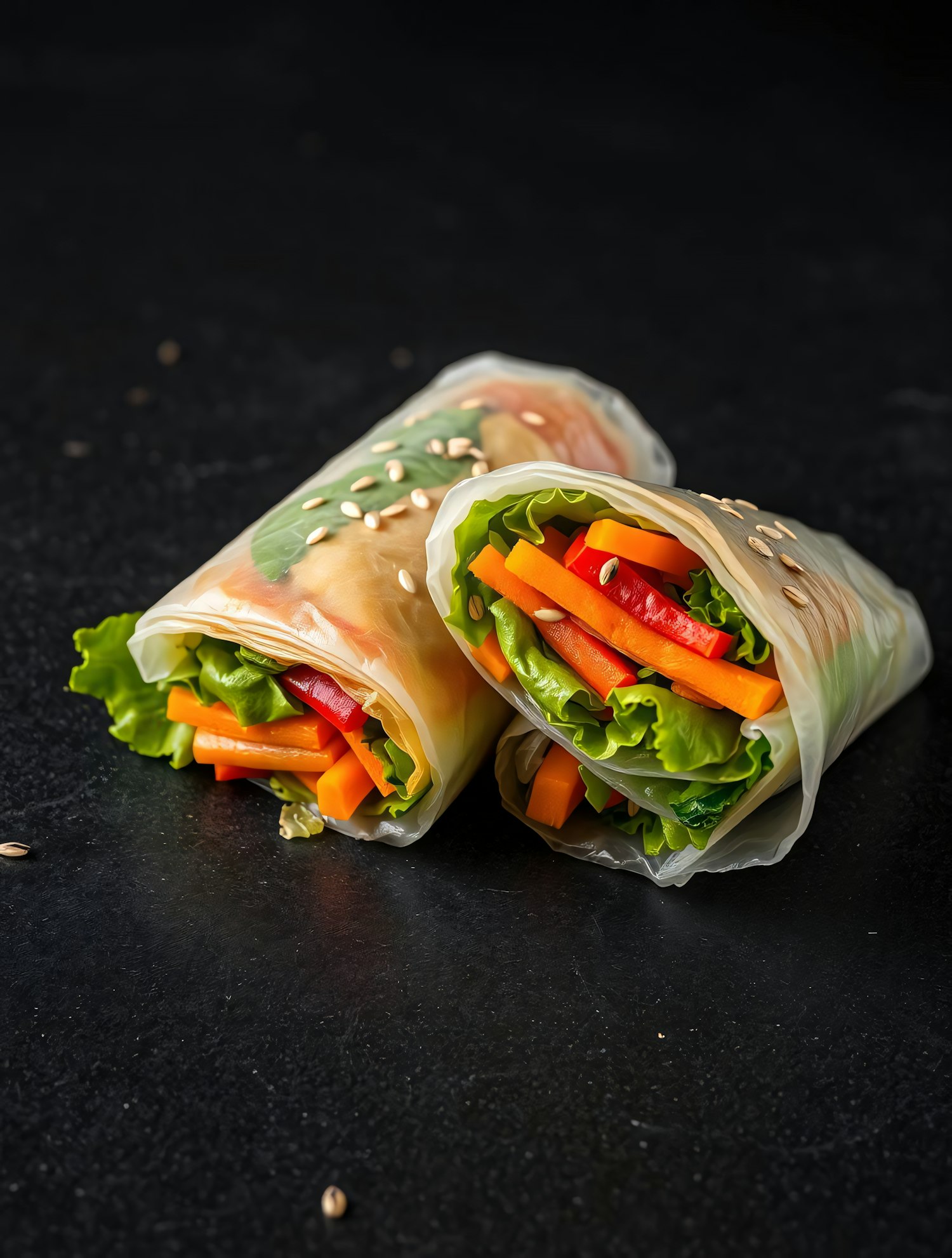 Vibrant Spring Rolls on Dark Surface