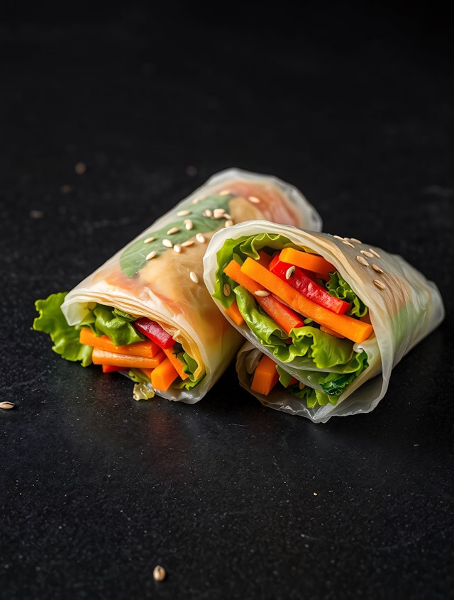 Vibrant Spring Rolls on Dark Surface