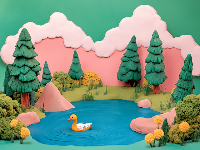 Whimsical Clay Pond Scene