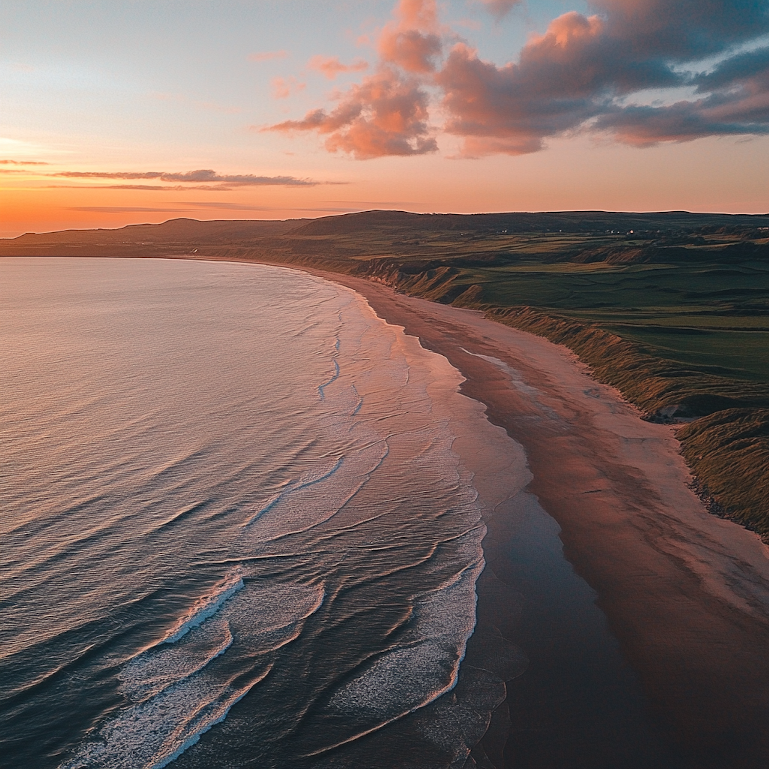 Aerial View of Coastline at Sunset