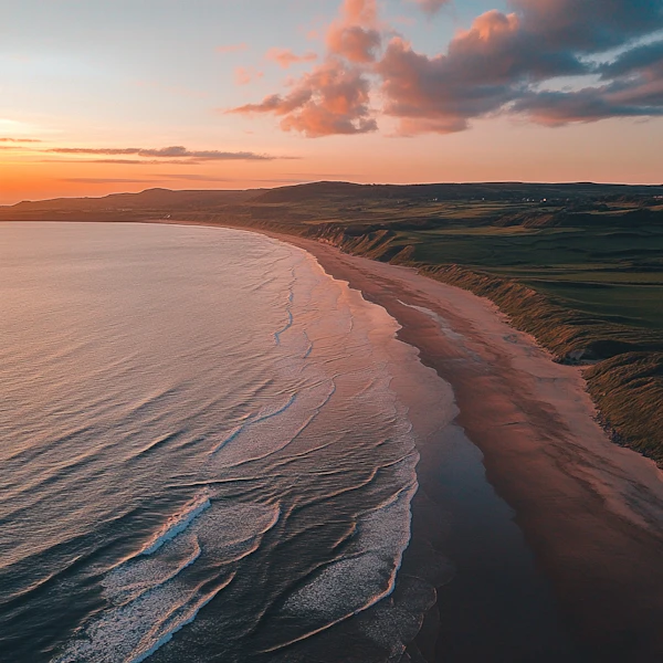 Aerial View of Coastline at Sunset