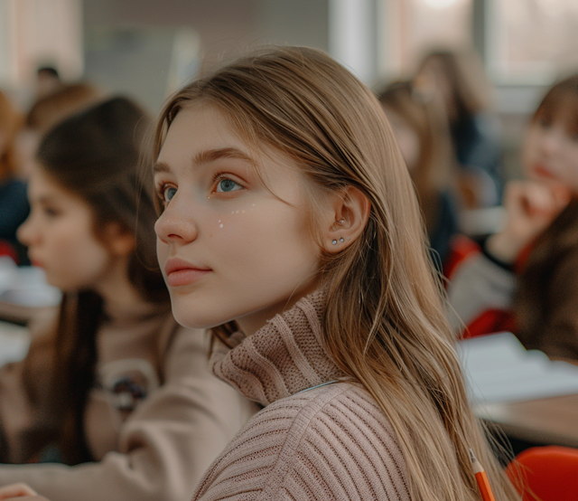 Pensive Young Woman in Classroom