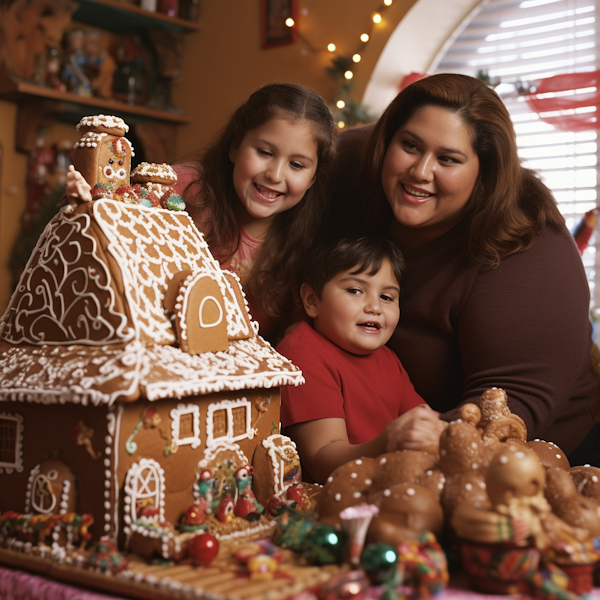 Latino Family Enjoying a Festive Gingerbread House Creation