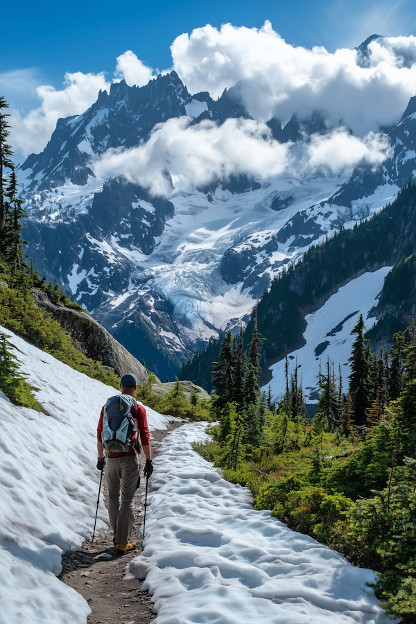 Hiker in Snowy Mountain Landscape