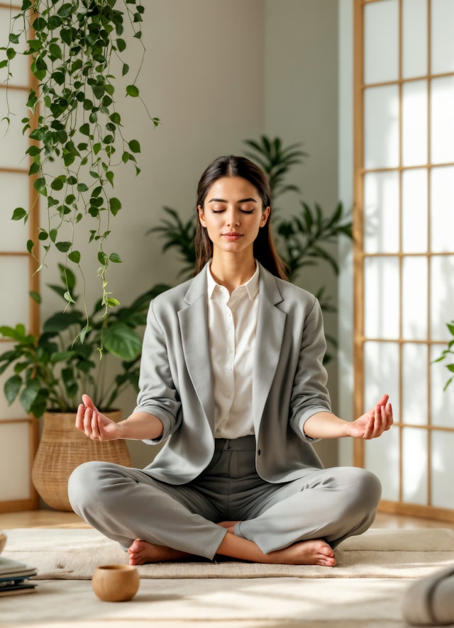 Meditative Woman in Professional Attire