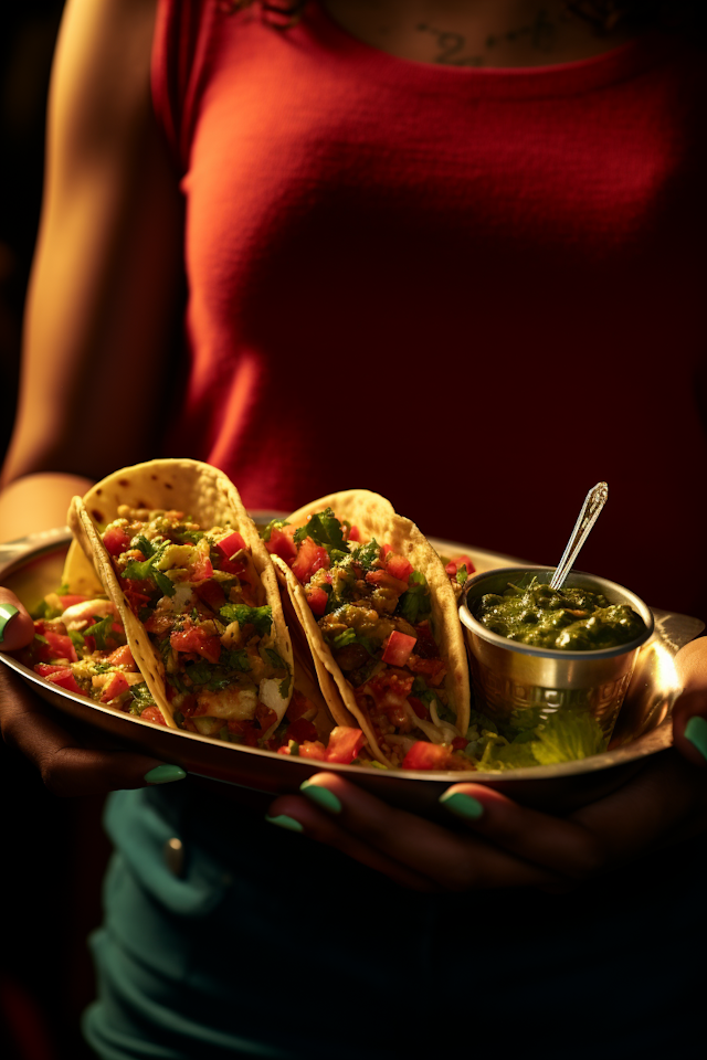 Close-Up of Colorful Tacos with Salsa Verde in Hands