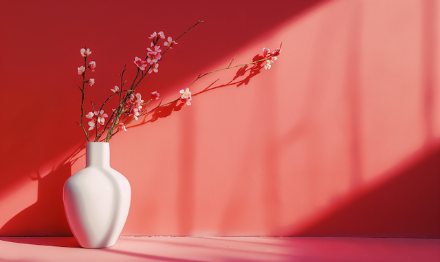 Minimalist Vase with Pink Flowers on Coral Background