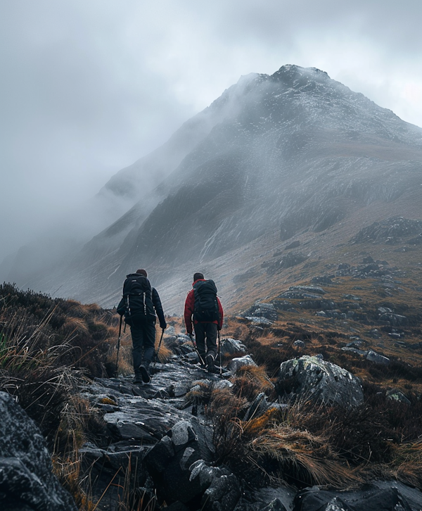 Resilient Hikers on Foggy Mountain Trail