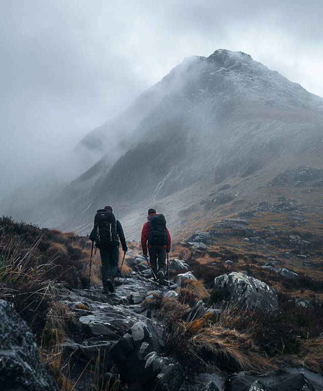 Resilient Hikers on Foggy Mountain Trail