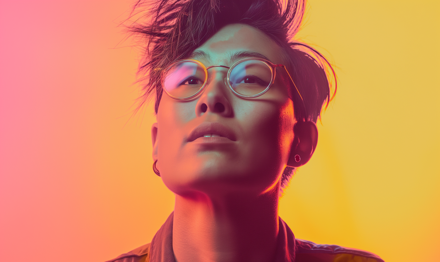 Contemplative Portrait in Vibrant Color Gradients