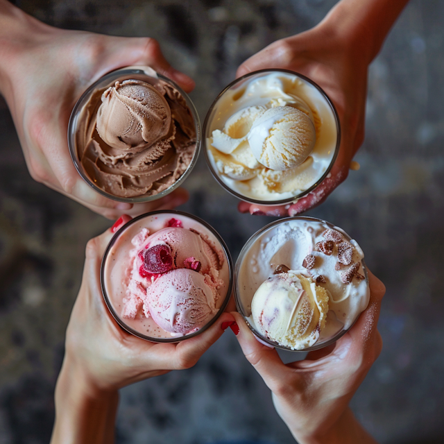 Hands Holding Assorted Ice Cream Glasses