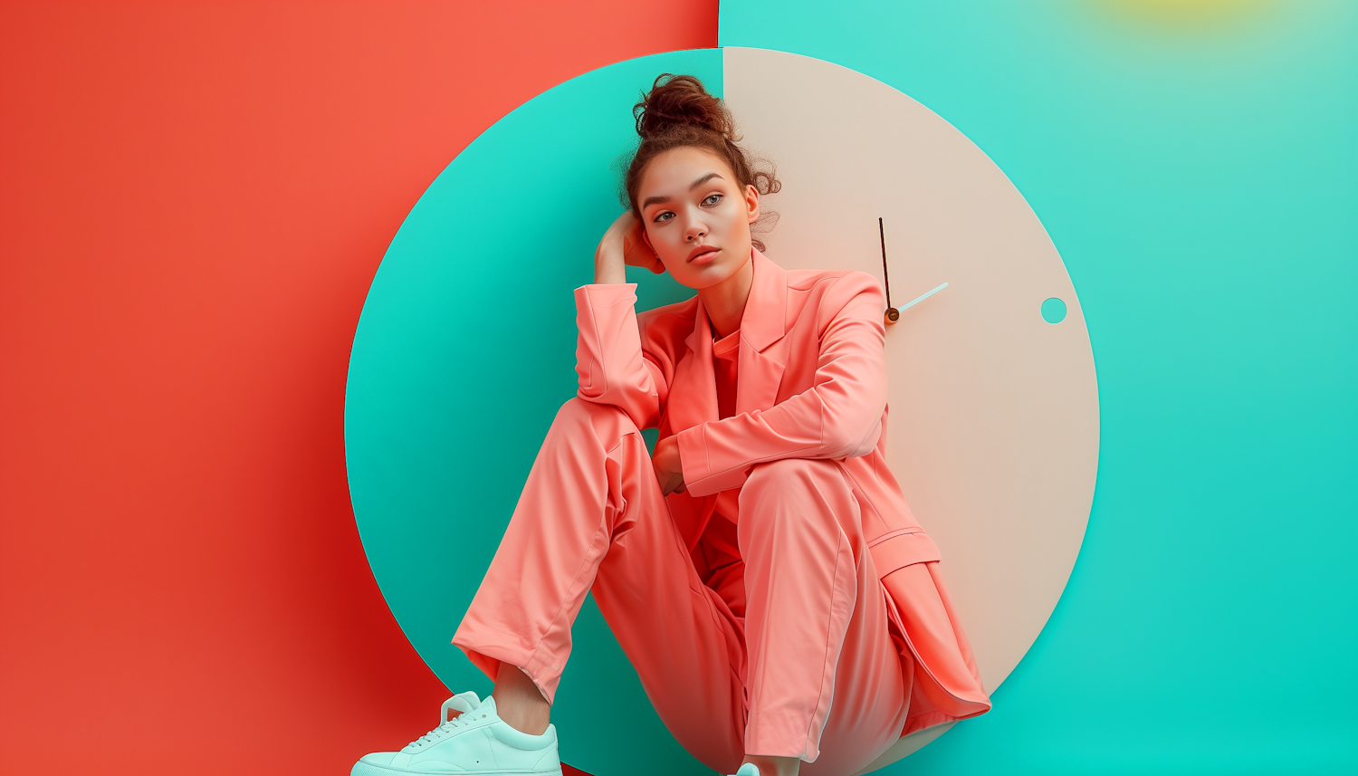 Stylish Woman with Color-Blocked Background