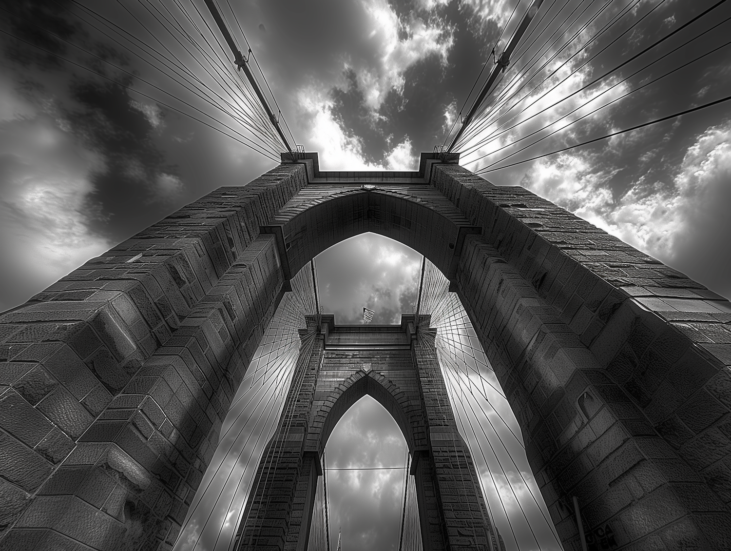 Dramatic black and white Brooklyn Bridge