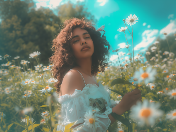 Contemplative Woman in Daisy Field