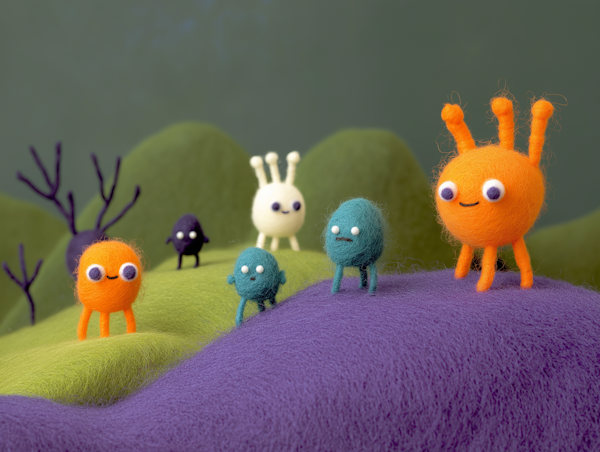 Colorful Fuzzy Creatures in Hilly Landscape