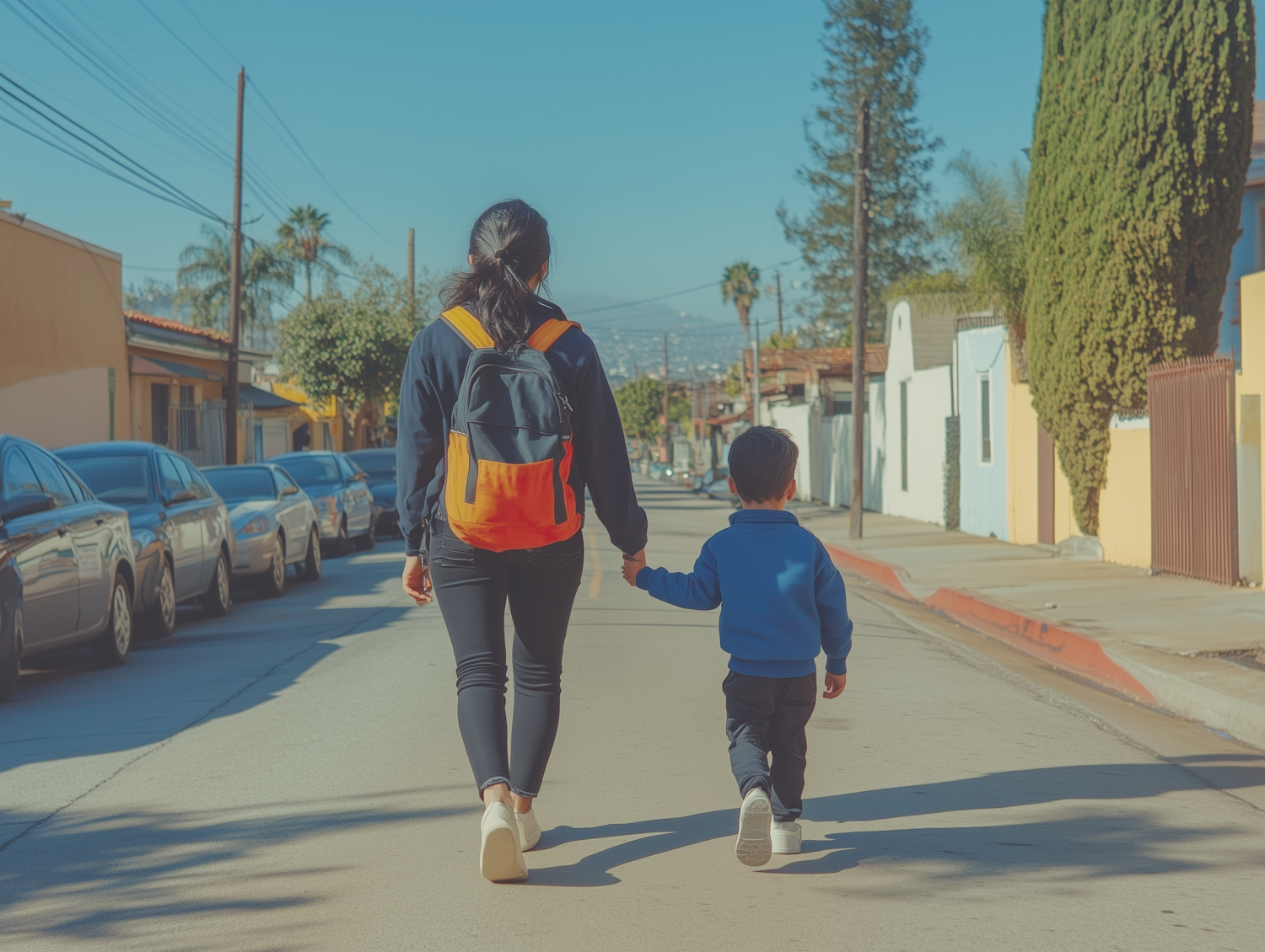 Woman and Boy Walking Down Residential Street