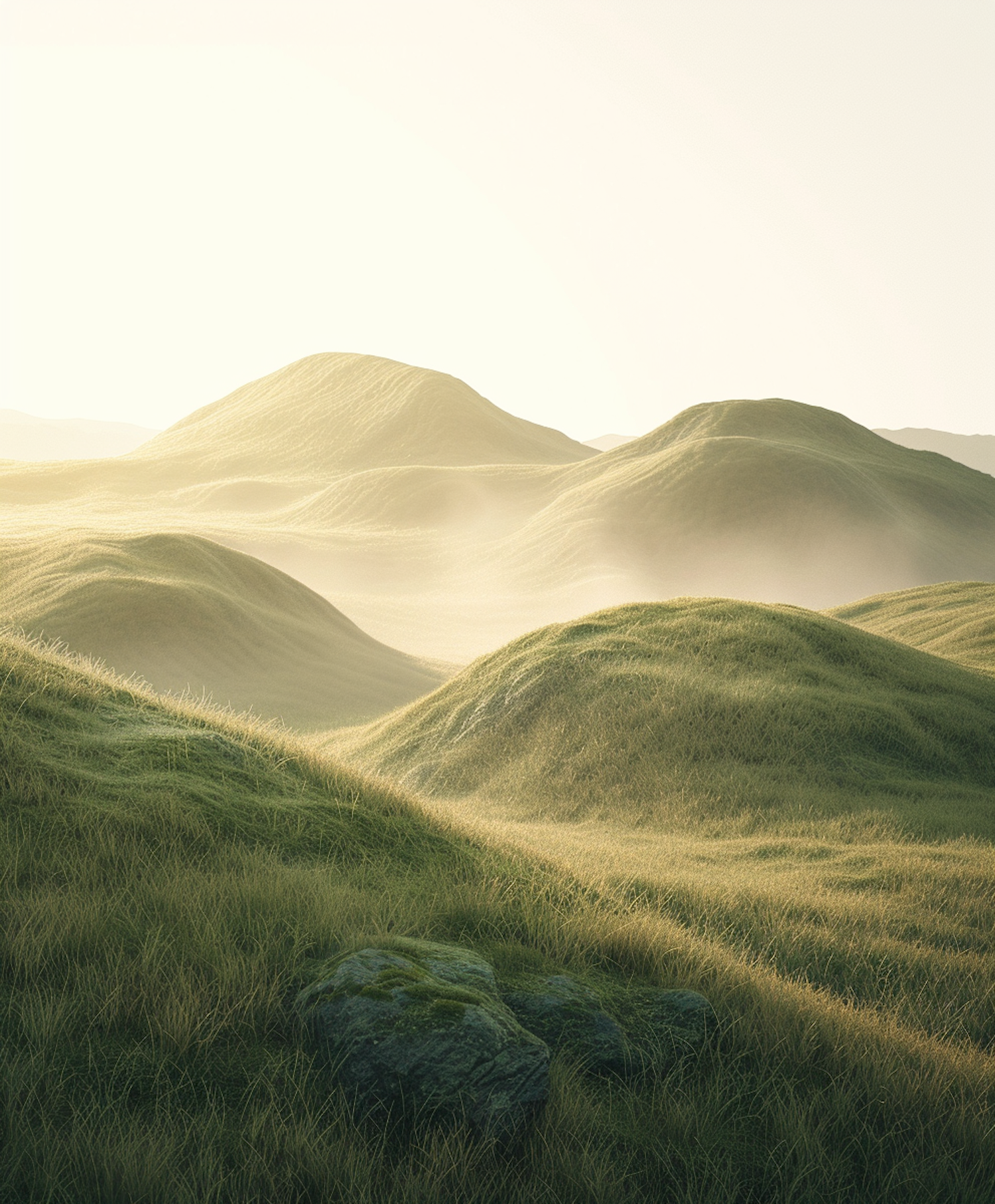 Serene Rolling Hills and Moss-Covered Rocks