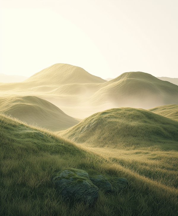 Serene Rolling Hills and Moss-Covered Rocks