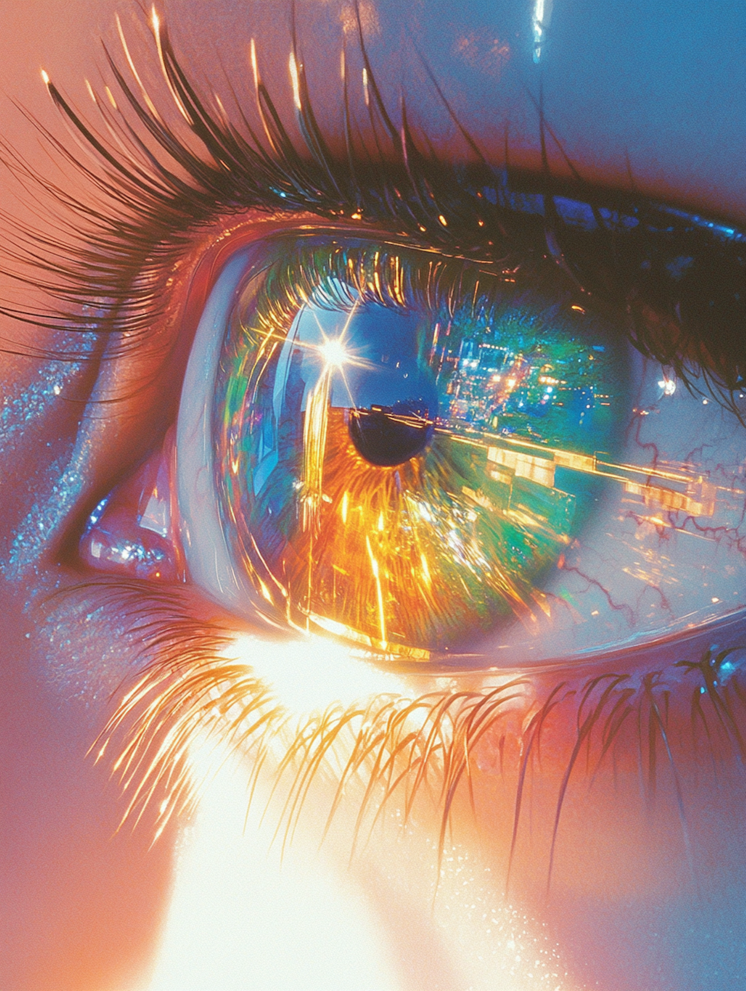 Close-up of a Human Eye with Urban Reflections