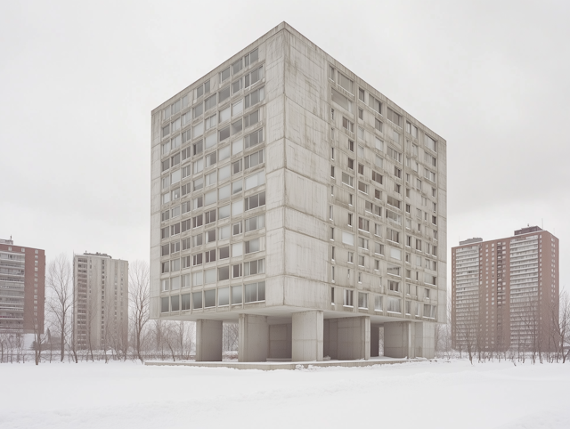 Modernist Concrete Building in Snowy Landscape