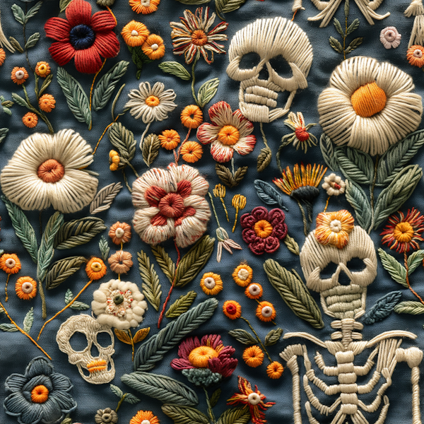 Embroidered Floral and Skeletal Figures