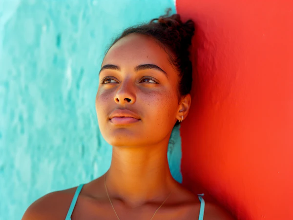Contemplative Serenity in Crimson and Turquoise