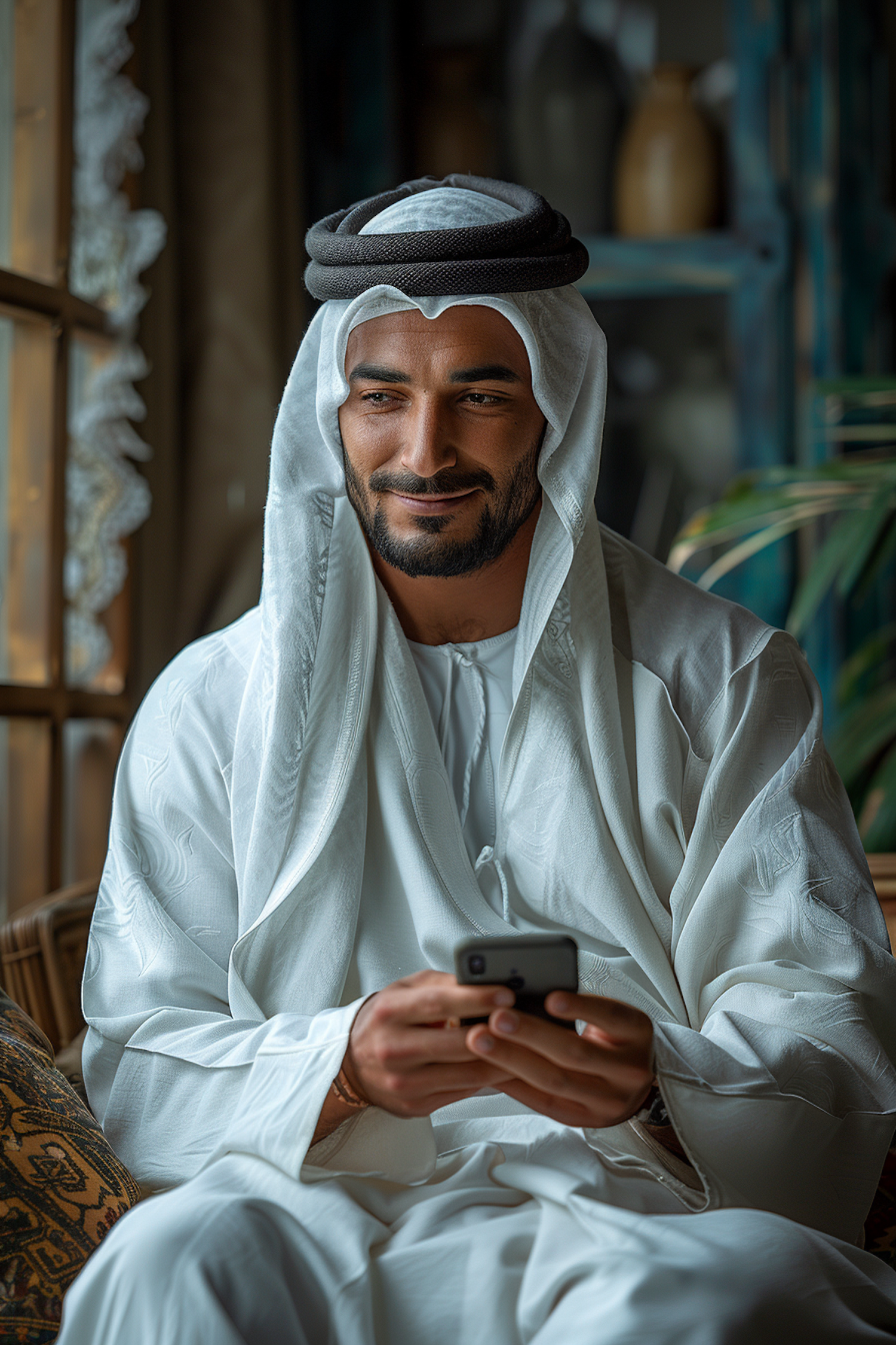 Man in Traditional Arab Attire Using Smartphone