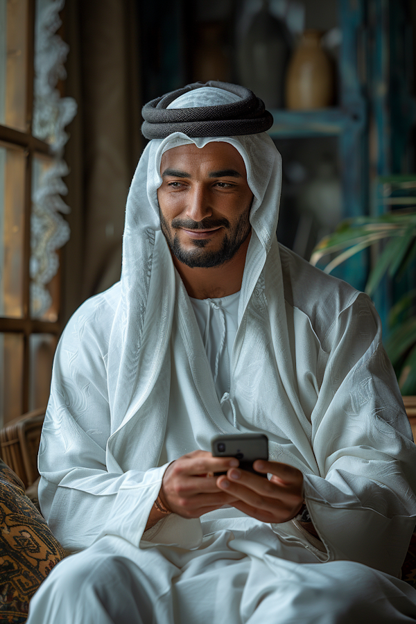 Man in Traditional Arab Attire Using Smartphone