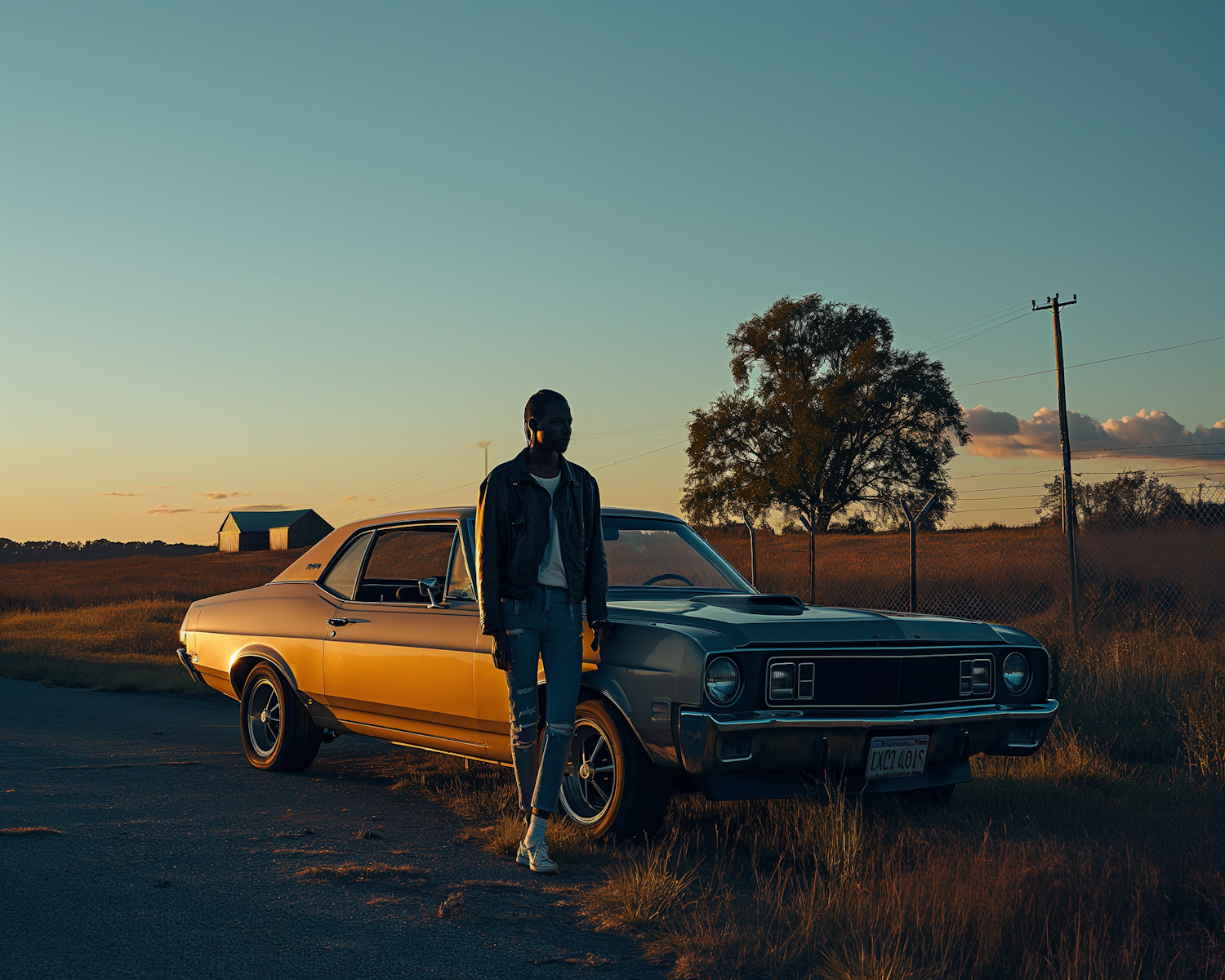 Golden Hour Contemplation with Vintage Muscle Car