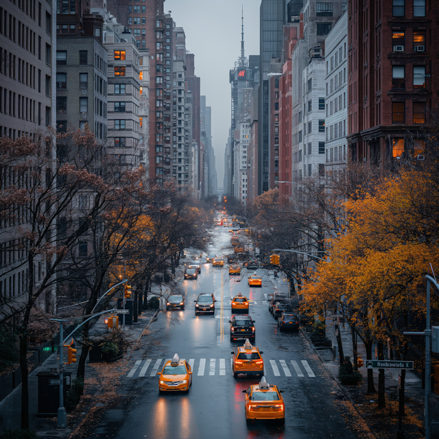 Dusky City Street with Yellow Cabs