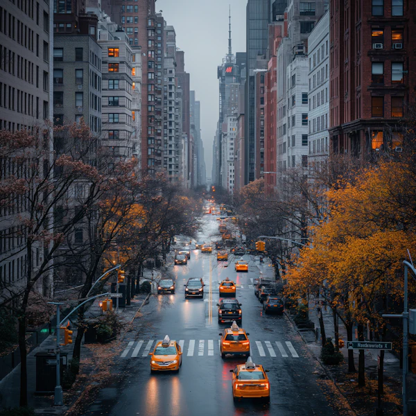 Dusky City Street with Yellow Cabs